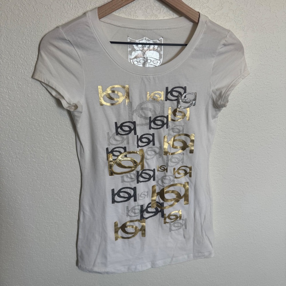 Y2K Mcbling Aesthetic Bebe Graphic Baby Tee Small White Gold Silver